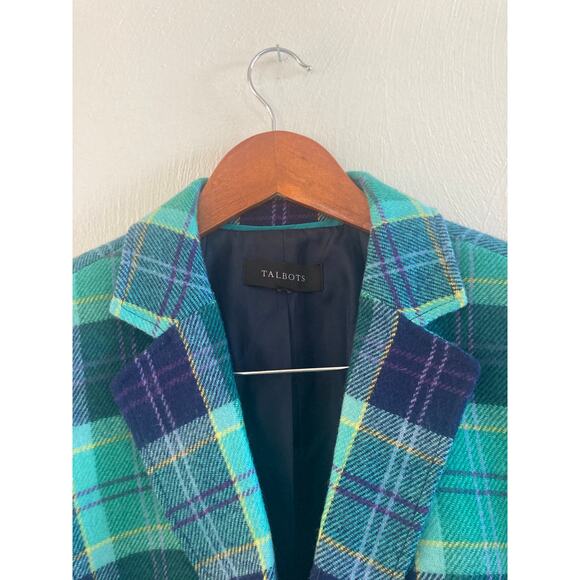 Talbots Classic Preppy Shetland Wool Blazer Aspen Plaid Tartan Turquoise Blue 8 - Picture 8 of 14